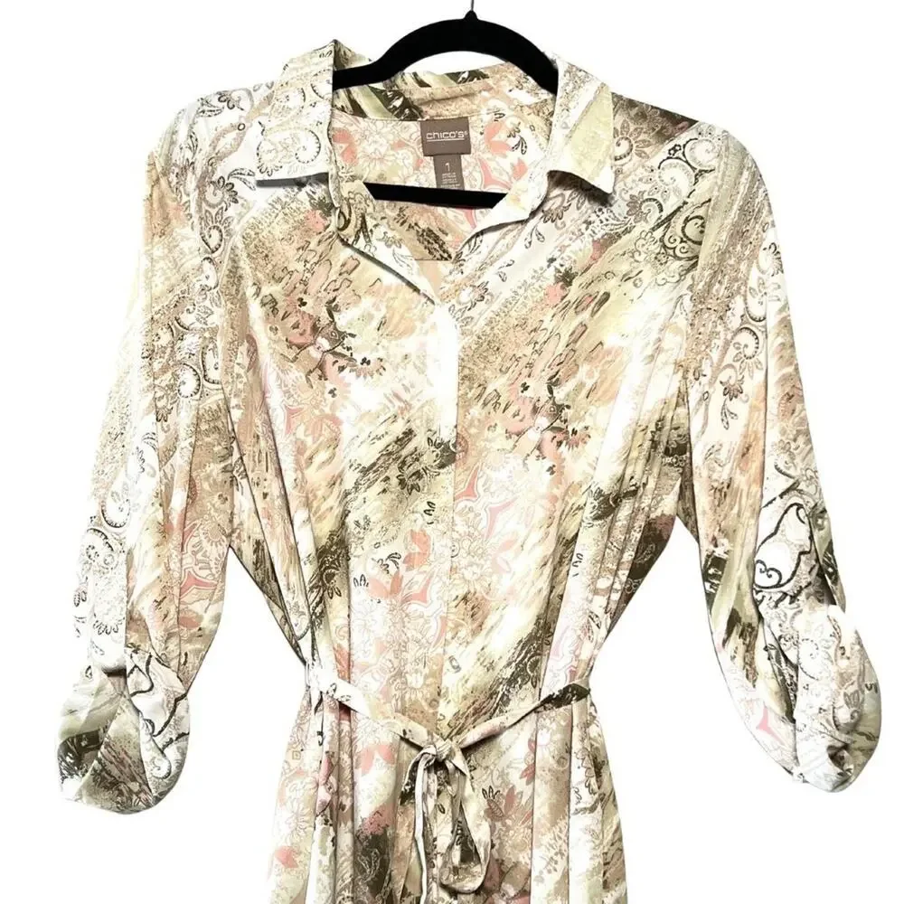 Pink Brown Cream Collared Floral Maxi Dress Beach Cover Up Button Up Wrap Size 1 - Picture 9 of 9